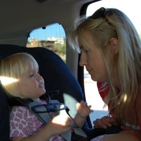 Eva Hauge was photographed with her mother as a toddler in a car. 
